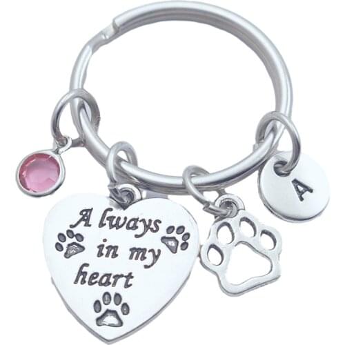 Always In My Heart Paw Print Keychains Creative Initial Letter Monogram Birthstone Keyrings Fashion Jewelry Women Pendants