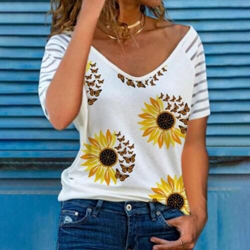 Plus Size Women T-shirt Summer Fashion Casual V Neck Flower Printed Short Sleeve Loose Top Tee