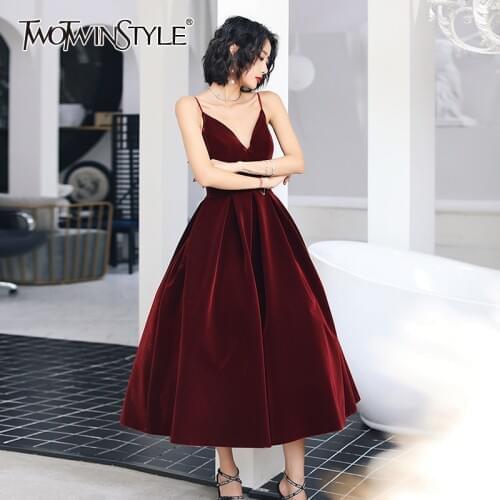 TWOTWINSTYLE Sexy Velvet Women Party Dress V Neck Spaghetti Strap High Waist Backless Elegant Dresses Female Clothing 2020 Tide