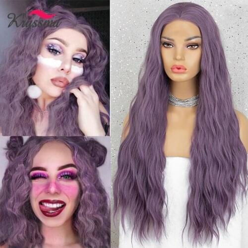 Kryssma Lace Front Wig For Women 24inch Wavy Wigs Loose Wave Long Synthetic Fake Hair Heat Resistant Ash Purple Pink Cosplay Wig