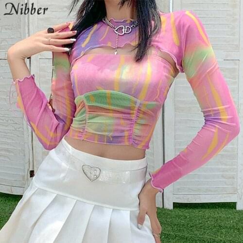 Nibber sweet sexy hollow out backless Graphics crop tops women mesh tees 2020 autumn stree casual long sleeve tee shirts female