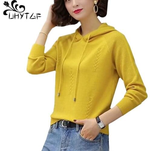 UHYTGF 2020 Women Spring Autumn Sweater Jacket Long-Sleeved Pullover Casual Thin Sweatshirt Hooded Knitted Short Top Female 1845