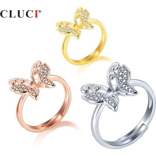 CLUCI 925 Sterling Silver Ring Jewelry Women Pearl Ring Mounting Real Silver 925 Zircon Adjustable Women Butterfly Ring SR2218SB