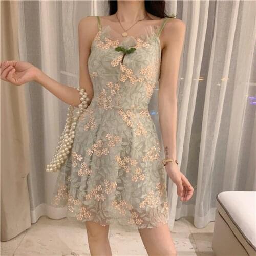 Sweet style short dress women off shoulder embroidery lace up Slim fit mesh summer Womens Clothing spaghetti strap dresses new