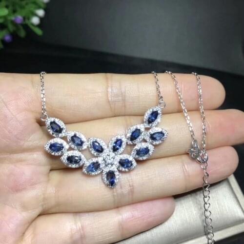 Natural blue sapphire gem Pendant necklace S925 silver Natural gemstone necklace 2 Row Flower women party gift fine jewelery