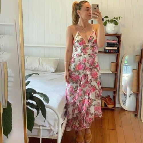 2019 Limited Real Polyester Sleeveless Empire Zanzea Women Dress Summer Dress Print Irregular Lace Trim Slip Vacation Long