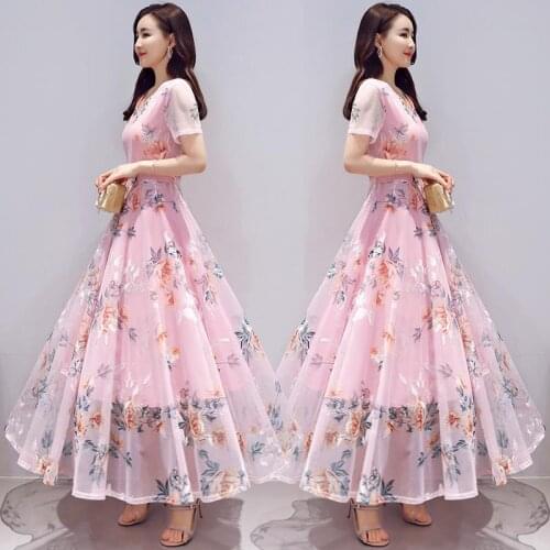 Elegant Chiffon Floral Print Perspective Short Sleeve V-neck Big Swing Long Plus Size Slim High Waist Beach Women Dresses 6067