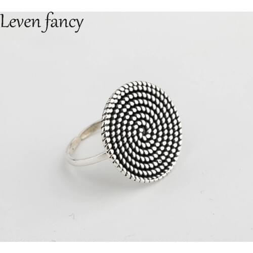 Handmade Vintage 925 Silver Rope Ring Female Womens Round Disc Big Spiral Charm Open Adjust Filigree Index Finger Ring