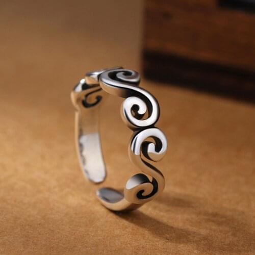 New S925 Sterling Silver Wave Ring For Women Retro Simple Ring Personality Open Thai Handmade Antique Silver Jewelry