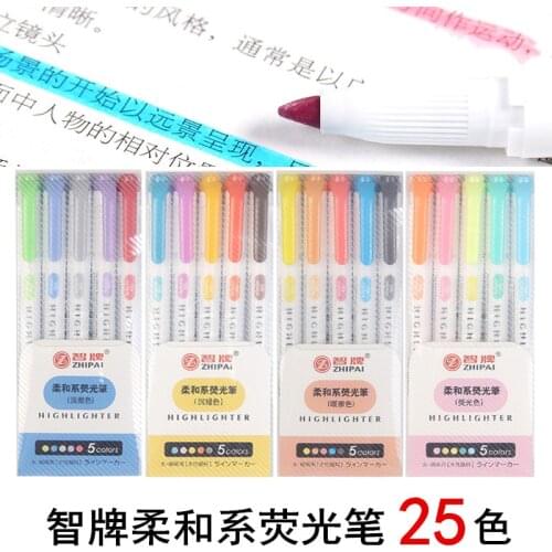 ZHIPAI Double Nib Highlighter Pen Light Color Series 25 Color Marker Fresh Soft Student Star Marker 5PCS