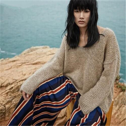 100% hand made wool Oneck knit women streetwear loose irregular hem H-straight pullover sweater one&over size
