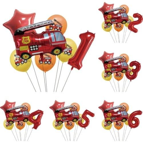 7PCS Cartoon Balloon Fire Truck Aluminum Foil Balloon Number Childrens Toy Balloon Gift Birthday Party Decoration Kids S2