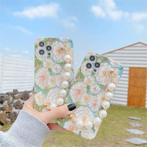 Girls Phone Case for iPhone 7 8 Plus X XR XS Max Case Luxury Flower Cover with Pearl Chain for iPhone 11 12mini Pro Max Funda