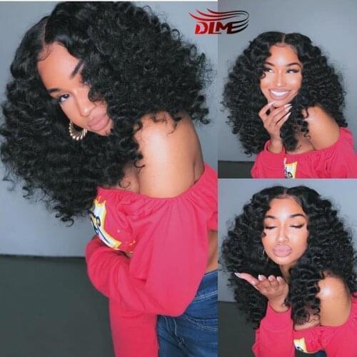 DLME Black Kinky Curly Synthetic Hair Kinky Curly Synthetic Lace Front Wigs For Black Women Afro Kinky Curly Wig Heat Resistant