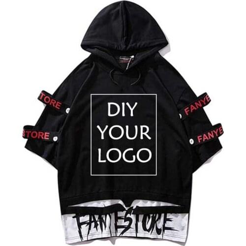 DIY Your Logo Ribbon T Shirts Hooded Short Sleeve Hip Hop tshirts Oversize Top Tees Streetwear Skate Homme Clothes Wholesale