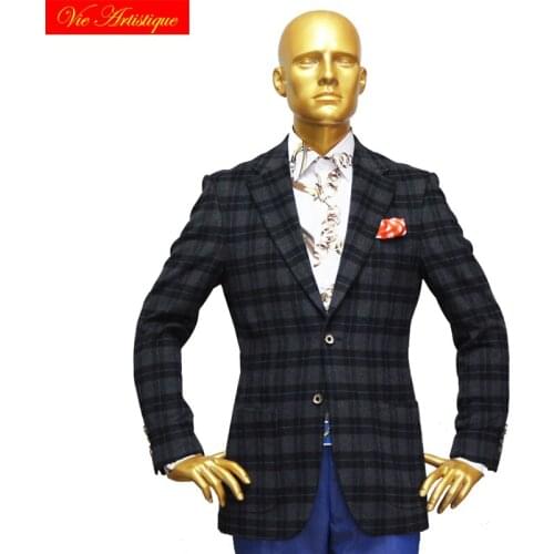 Custom tailor made Mens bespoke jacket business formal wedding ware bespoke coat grey plaid wool cashmere slim fit 2019