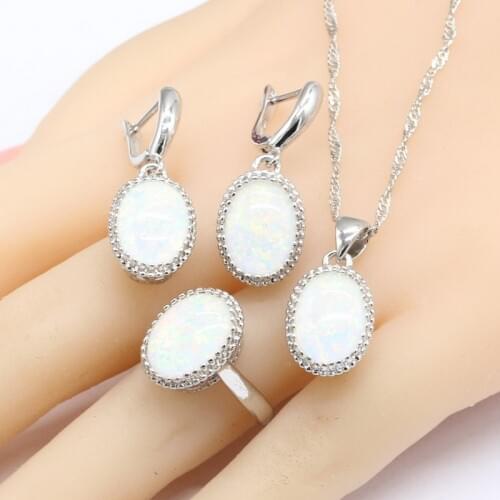 Australia White Opal Stones Silver Color Jewelry Sets For Women Necklace Pendant Drop Earrings Rings Christmas Gift Free Box