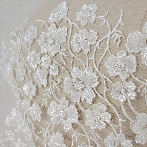 Ivory-white Wedding Dress Lace Fabric soft Mesh Beaded Embroidered Lace Fabric DIY Material Width 140cm 1yard