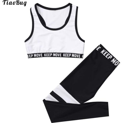 TiaoBug Summer 2Pcs Kid Girls Sportwear Sleeveless Printed Tank Top With Leggings Pants Suit Sport Yoga Running Gym Tracksuit