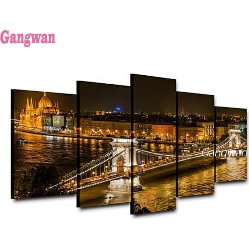 Diamond painting Modular Vintage Night View Pictures 5 Panel Hungary City Home Decor mosaic Paintings with embroidery Bridge art
