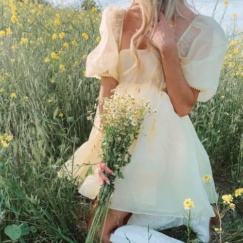 New Women Mesh Princess Dress Adults See-Through Solid Color Puff Sleeve Square Collar Yellow Purple Pink Fashion Design S M L