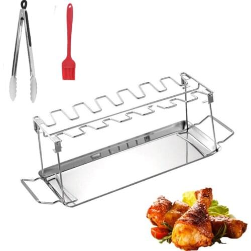 Bbq Beef Wing Chicken Leg Grill Rack With Drip Pan 12 Slots Stainless Steel Roaster Stand Barbecue Accessories
