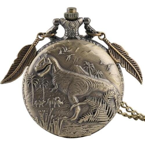 Retro 3D Dinosaur Sculpture Design Necklace Quartz Pocket Watch Top Gifts Pendant Clock FOB Chain with Bronze leaf Accessory