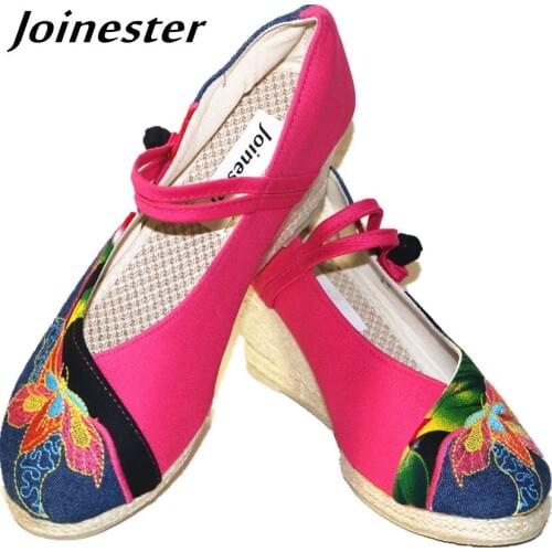 Round Toe Espadrille Slingback Wedge Sandal Womens Strappy Floral Printing Denim Embroidered Wedges Chinese Folk Style shoes