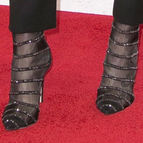 Sestito Women Sexy Black Lace Ankle Boots Ladies Rhinestone Boots Girls Pointed Toe Dress Runway Shoes Female Zip Short Boots