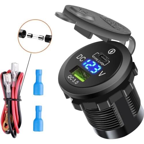 USB Charger PD Quick Charge 3.0 Chargers Socket Adapter Dual USB Charger With LED Voltmeter And Cable For 12-24V Car Motorcycles