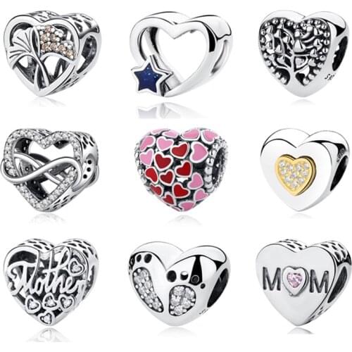 Original 100% 925 Sterling Silver Charm Bead Love Mom Family Tree Heart Charms Fit Pandora Bracelets Necklaces Women DIY Jewelry