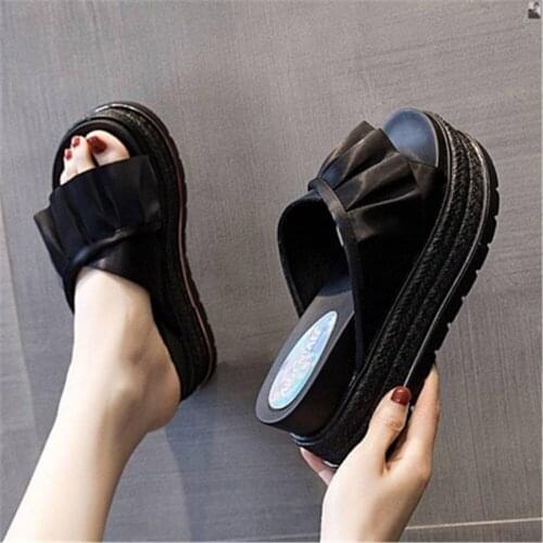 2021 Bow Chunky Slippers Female Platform Sandals High Heels Mules Sexy Woman Wedges Flip Flops Open Toe Zapatos De Mujer 35-39