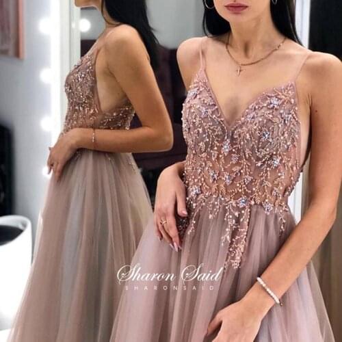 Sexy Spaghetti Straps Blush Pink Evening Dresses 2021 Blue Crystal Beaded Tulle Long Formal Prom Gowns Slit Wedding Party Dress