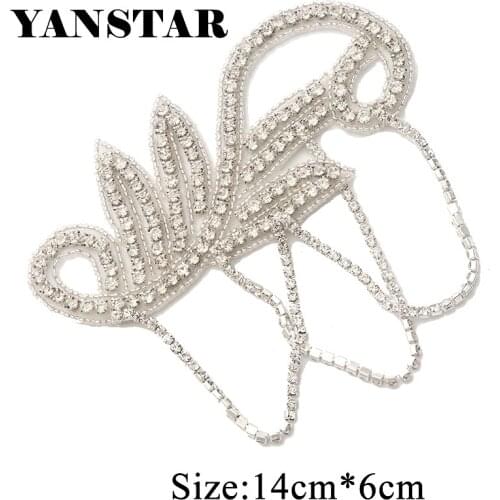 YANSTAR 2Pieces Handmade Rhinestone Appliques Silver Rhinestone Appliques Iron On DIY Wedding Party Dresses Belt YS915