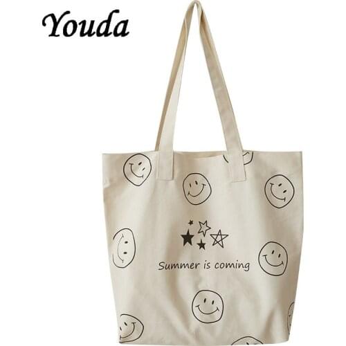 Women Shoulder Bags Cloth Cotton Canvas Smile Face Cartoon Shopping Bags Girls Eco Daily Use Handbags Tote Casual Shopper Bags
