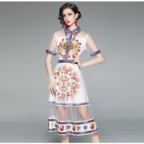 Banulin 2021 Summer Fashion Runway Midi Dress Women Short Sleeve Turn Down Neck Floral Print Mesh Stitching Vintage Dress N58310