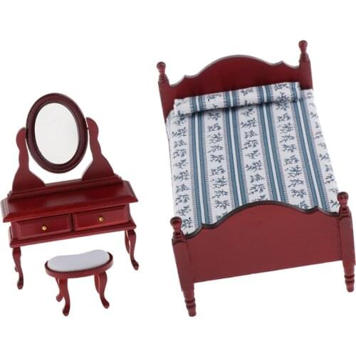 1/12 Dollhouse Miniature Furniture Set - Wooden Single Bed And Dressing Table with Stool - for Doll House Bedroom Accessories