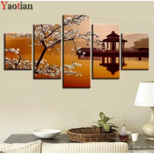 5 Piece Full Square Round Diamond Painting Sakura Lake Pavilion Landscape Cross Stitch Kits Multi-Picture 5D Diamond Embroidery