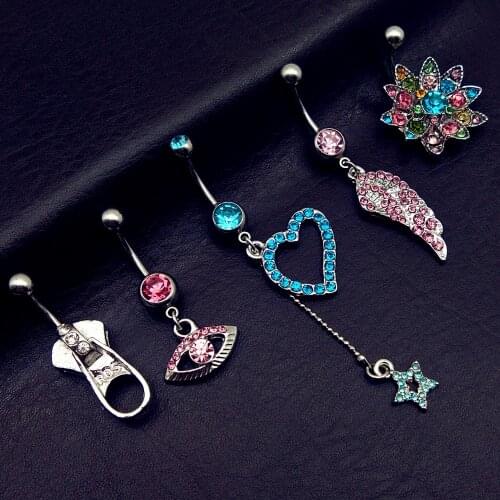 5pcs mix style flower heart star feather zipperEvil eyes dangle navel belly bar button rings steel body piercing jewelry cheap