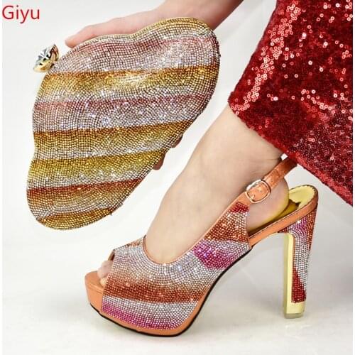 Doershow new Shoes and Bag Set African Sets 2020 orange Color Italian Shoe Bag Set Decorated with Rhinestone High Quality!SMN1-7