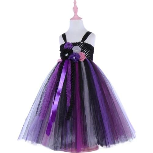 Girls Maleficent Witch Purple Tulle Ball Gown Flower Tutu Dress Kids with Evil Ribbons Children Halloween Gift Party Costume