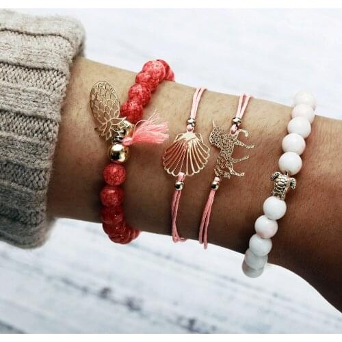 Gold Color Unicorn Pineapple Bracelets Turtle Hollow Shell Beaded Strand Bracelet Set Women Tassel Charm Jewelry Accessories