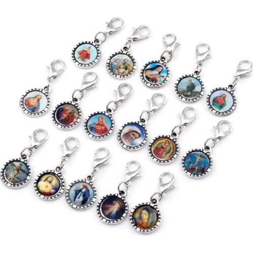 22pcs Round Jesus Christ icon Floating Lobster Clasps Charm Beads Fit Charm Bracelet Religious Jewelry Christmas gifts 13x30mm