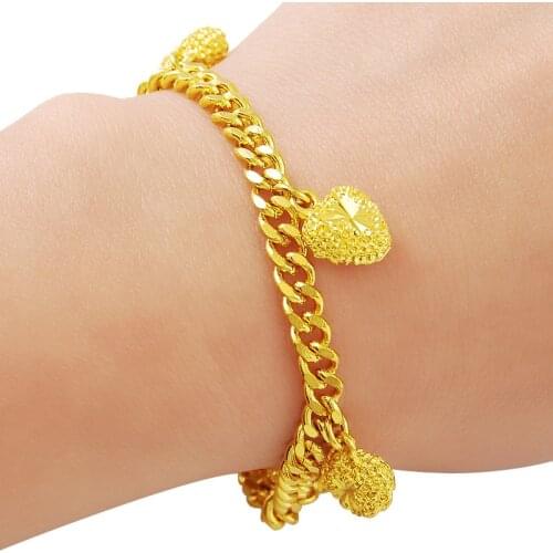 24K Gold Chain 4 MM Cuban Hanging Heart-shaped Pendant Gold Plated Fashion Bracelet Jewelry Gift