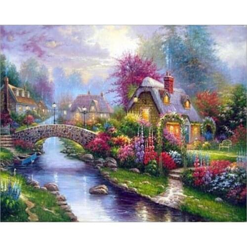 Diy Diamond Painting Bridge Hut River Scenery 5d Cross Stitch Diamond Embroidery Diamond Mosaic Round Diamond Painting Decor