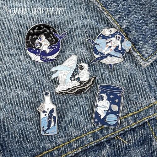 Cosmic Galaxy Astronaut Whale Enamel Lapel Pins Space Brooches Need My Space Badges Moon Sun Plante Pins Up Space Lover Jewelry
