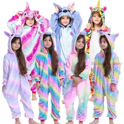 Kigurumi Kids Pajamas Unicorn Costume Boy Girls Onesies Hooded Sleepwear Winter Warm Flannel Pyjamas Anime Dinosaur Panda Onesie