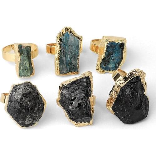 Opening Ring Irregular Stone Golden Metal Bezel Black Tourmaline Blue Crystal Cute Finger Tail Rings For Women Jewelry