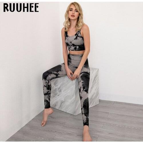 RUUHEE Yoga Sets Women Tie Dye High Waist Leggings and Bra Workout Fitness Seamless Sportwear 2 Piece Yoga Suit Gym Clothings