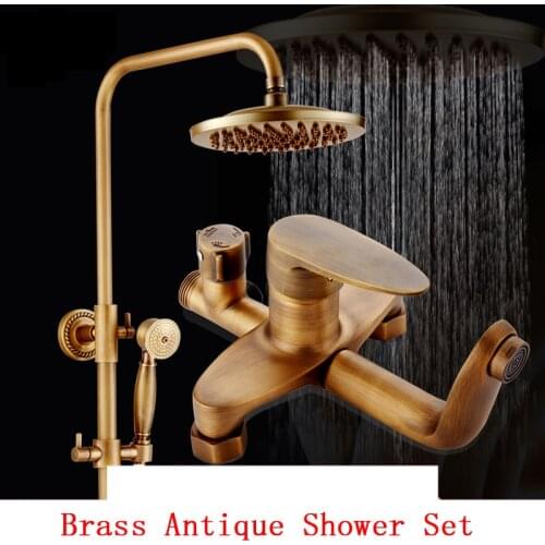 Copper Antique shower faucet set shower head, Bathroom brass wall mounted shower set, Vintage rain shower faucet mixer tap